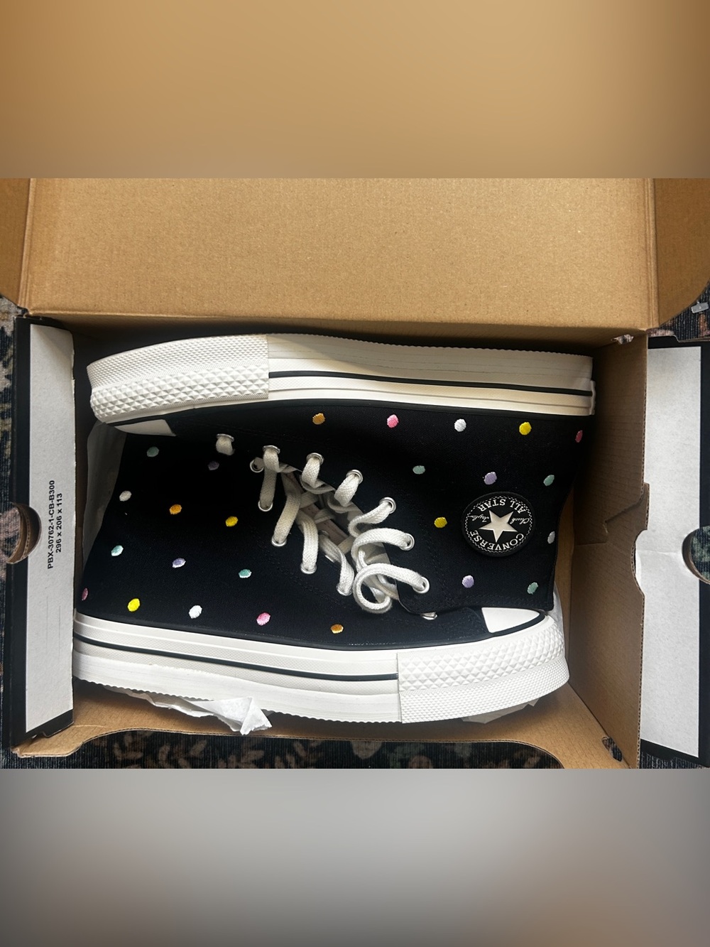 NIB Converse All Star Eva Lift Canvas High Tops • Black with Rainbow Polka Dots